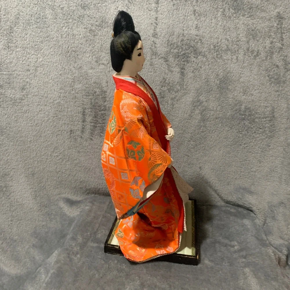 Vintage Japanese Geisha Doll Orange Silk Brocade Kimono Tatami Base 17 Inch
